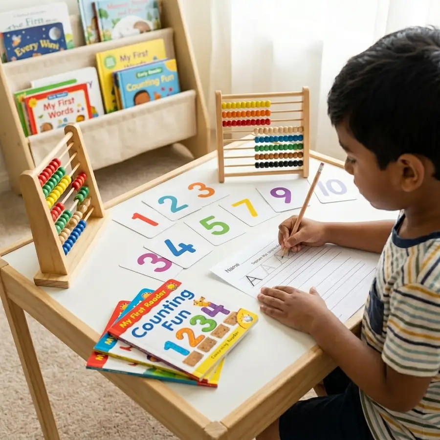 Child practising abacus and number writing at Aadhaarshila Global School in Jhunsi Prayagraj