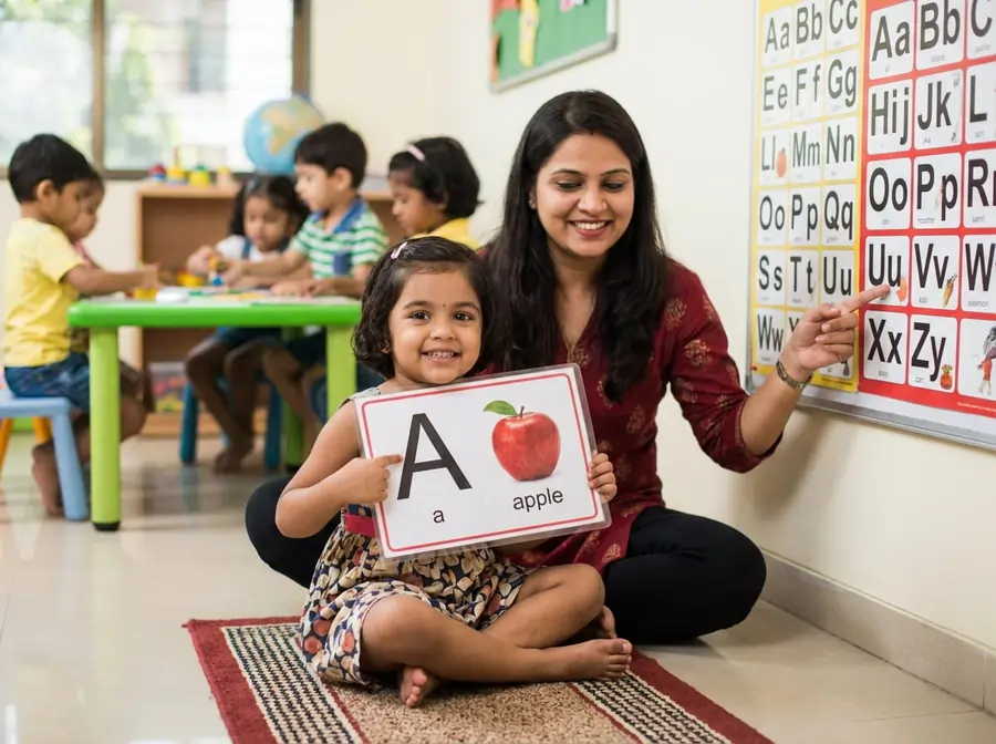 Teacher guiding a child with alphabet and phonics learning at Aadhaarshila Global School in Jhunsi Prayagraj