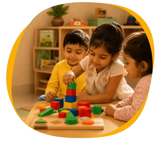 Children learning with blocks at Aadhaarshila Global School preschool in Jhunsi Prayagraj